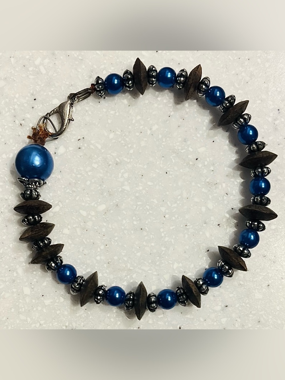 Vintage Blue, Silver and Wooden Bead Bracelet